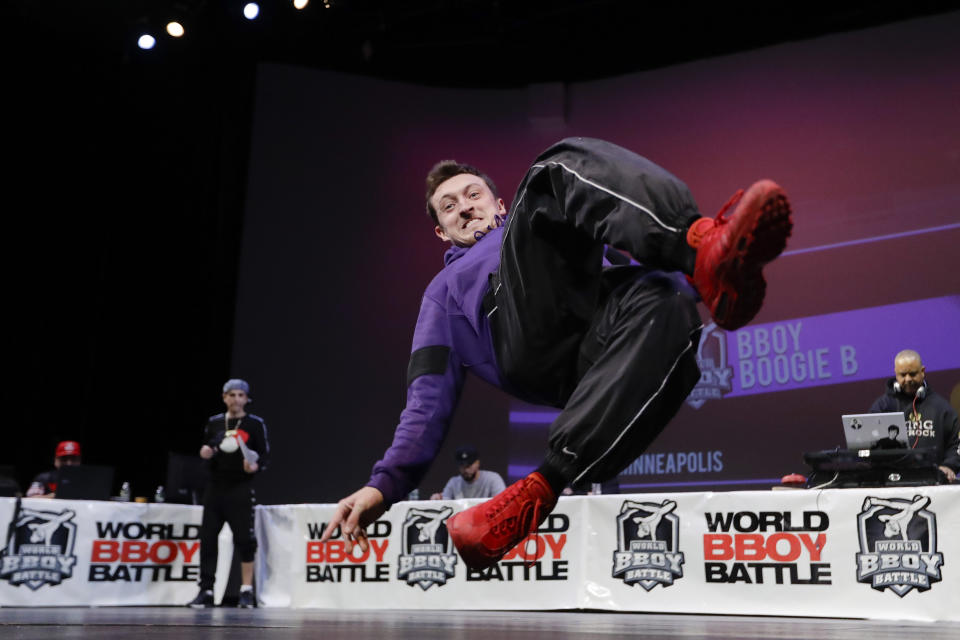 Jacob "Boogie B" Riley, of Minneapolis, competes during the World Bboy Battle Saturday, Dec. 21, 2019, in New York. Many in the breaking community are eager for the art form to expand its audience after the International Olympic Committee announced that it would become an official sport at the Paris 2024 games. But that optimism is hardly unanimous. (AP Photo/Frank Franklin II)