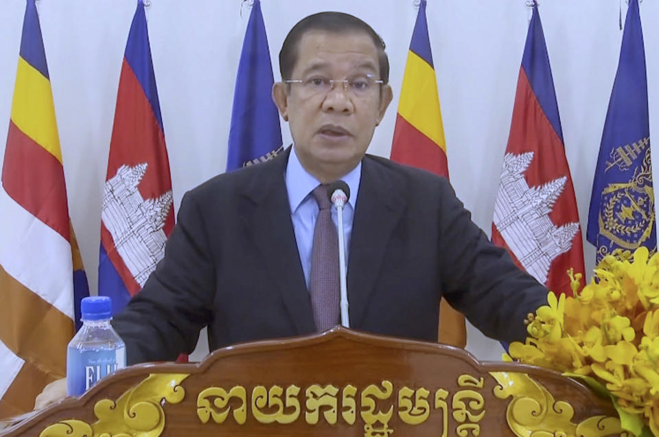 In this photo taken from video, Samdech Akka Moha Sena Padei Techo Hun Sen, Prime Minister of Cambodia, remotely addresses the 76th session of the United Nations General Assembly in a pre-recorded message, Saturday Sept. 25, 2021 at UN headquarters. (UN Web TV via AP)