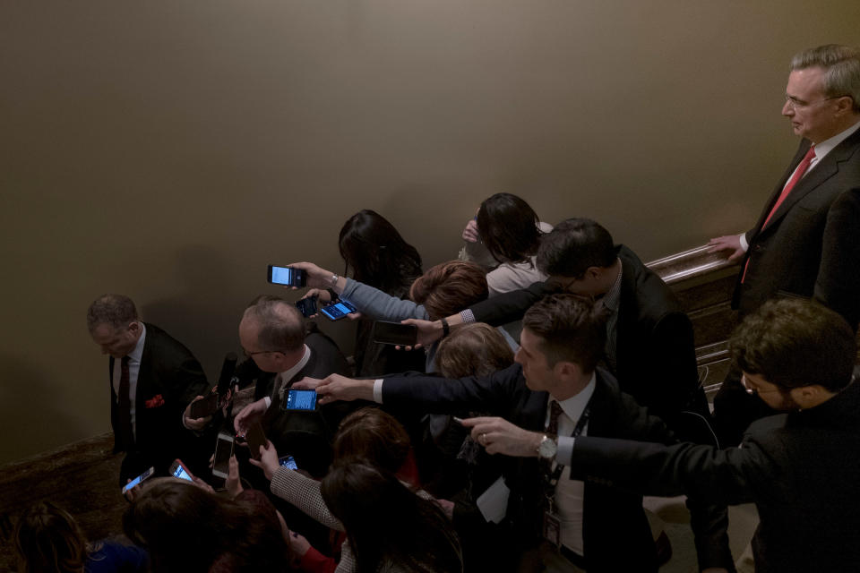 Eric Ueland, Director of White House Legislative Affairs, speaks to reporters after a meeting with Senate Majority Leader Mitch McConnell (R-Ky.) at the Capitol in Washington, D.C. on Dec. 12, 2019. | Gabriella Demczuk for TIME