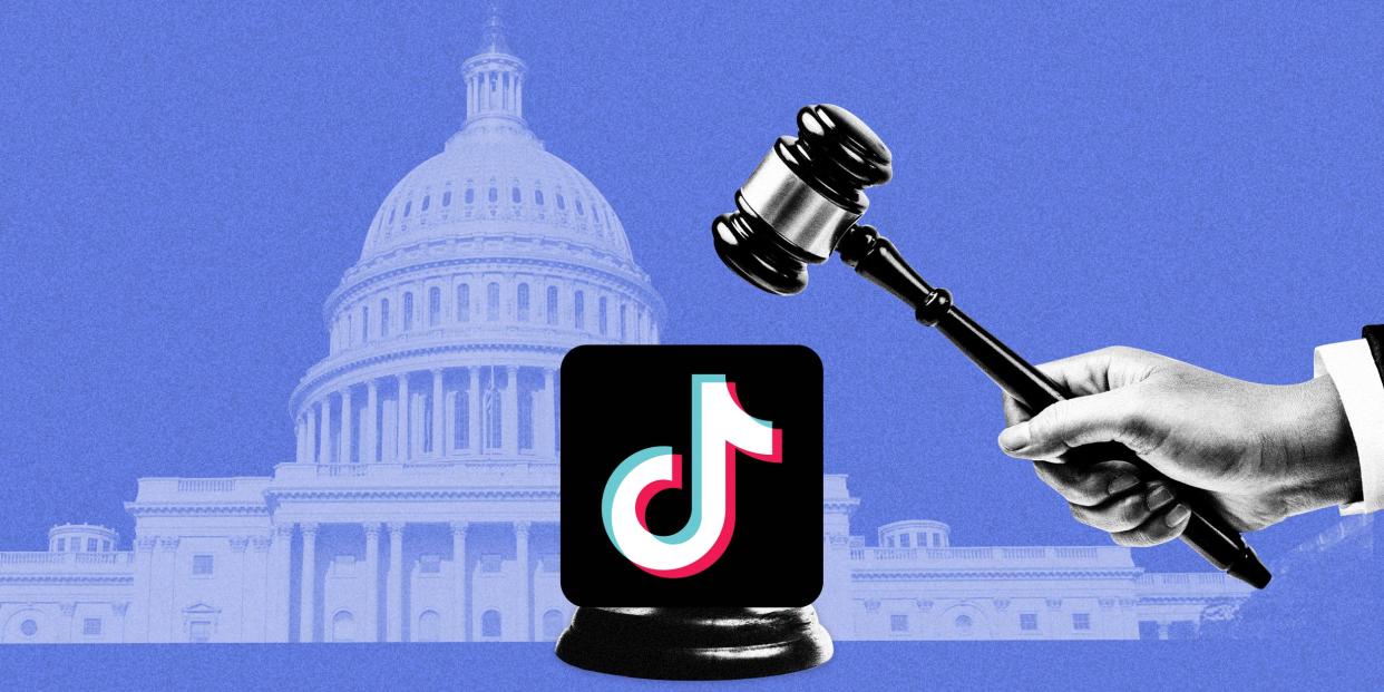 Hand holding a  gavel over the tiktok logo, wavering back and forth slightly, with the Capitol in the background