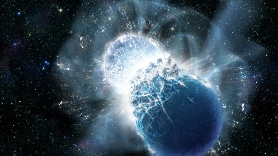  An illustration shows the collision of two neutron stars. Scientists had proposed that such collisions might have filled our solar system with gold, but new research casts doubt on that claim. 