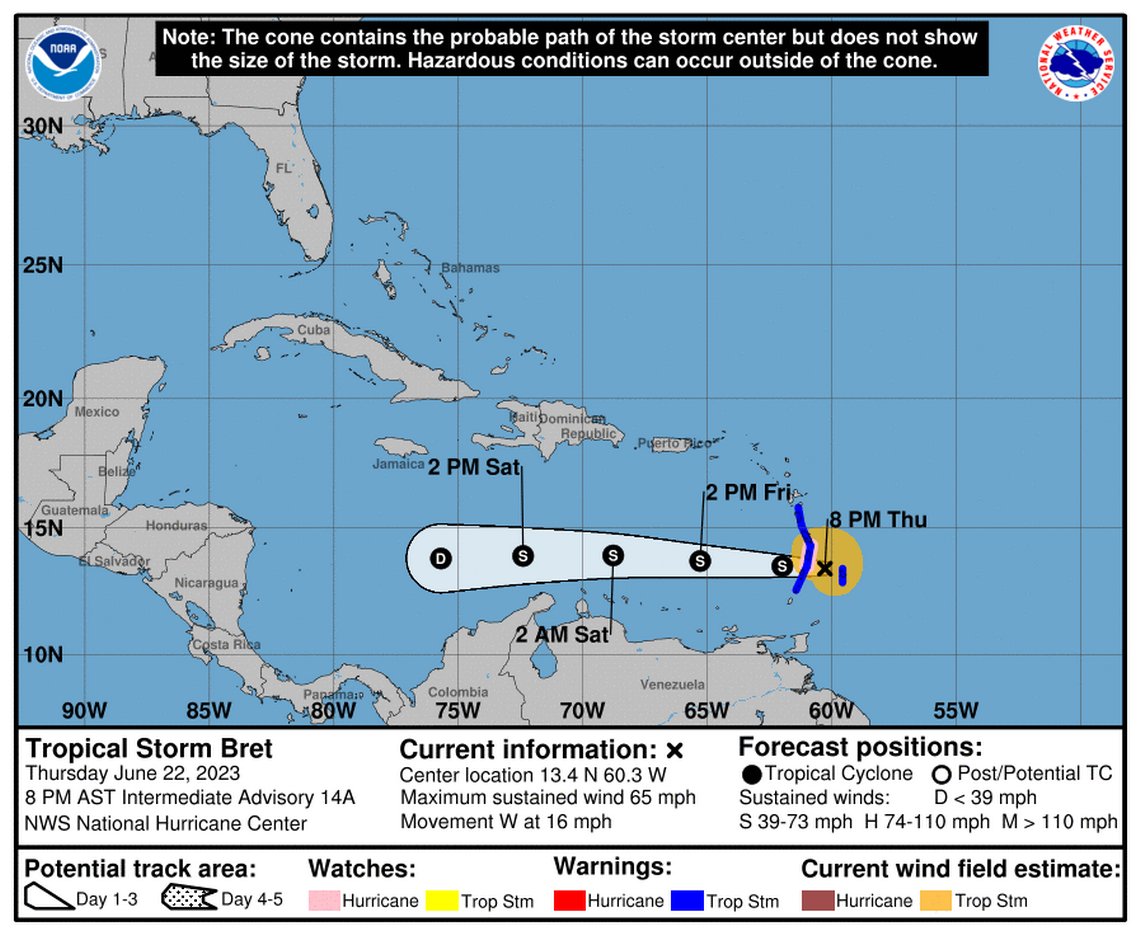 Tropical Storm Bret remained near hurricane strength as it edged toward the Lesser Antilles on Thursday.