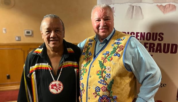 Ontario Regional Chief Glen Hare, left, with Manitoba Métis Federation President David Chartrand in Winnipeg on May 14, 2024. 