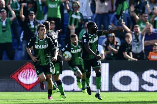 Jeremie Boga (R) scored and set up another goal to ease Sassuolo's relegation worries