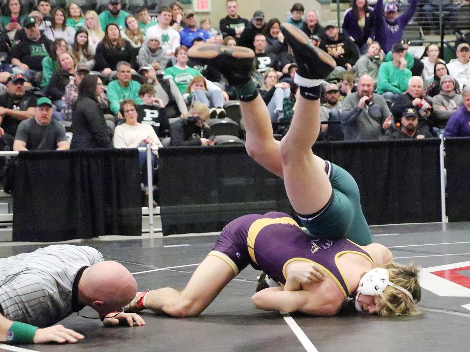 Markus Pitkin of Watertown pins Pierre's Lincoln Houska at 150 pounds during their semifinal dual in the South Dakota State Dual Team Wrestling Chamionships on Saturday, Feb. 10, 2024 at Brookings.