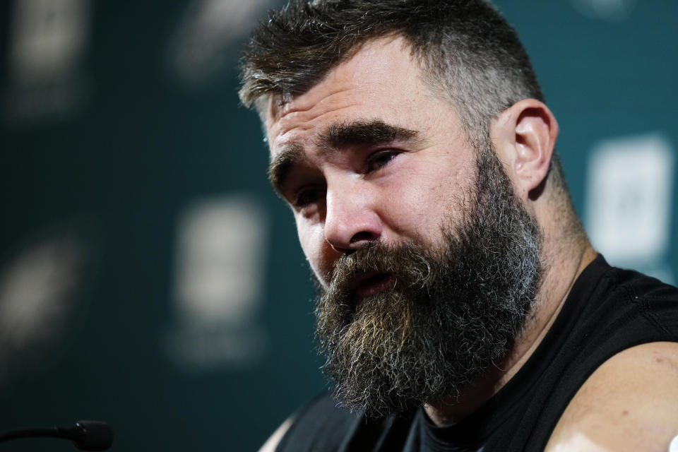 Philadelphia Eagles' Jason Kelce speaks during an NFL football press conference announcing his retirement in Philadelphia, Monday, March 4, 2024. (AP Photo/Matt Rourke)