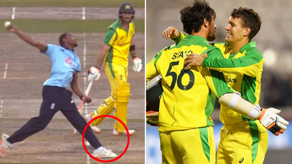 Jofra Archer is seen here bowling a no ball to Alex Carey that would prove costly.