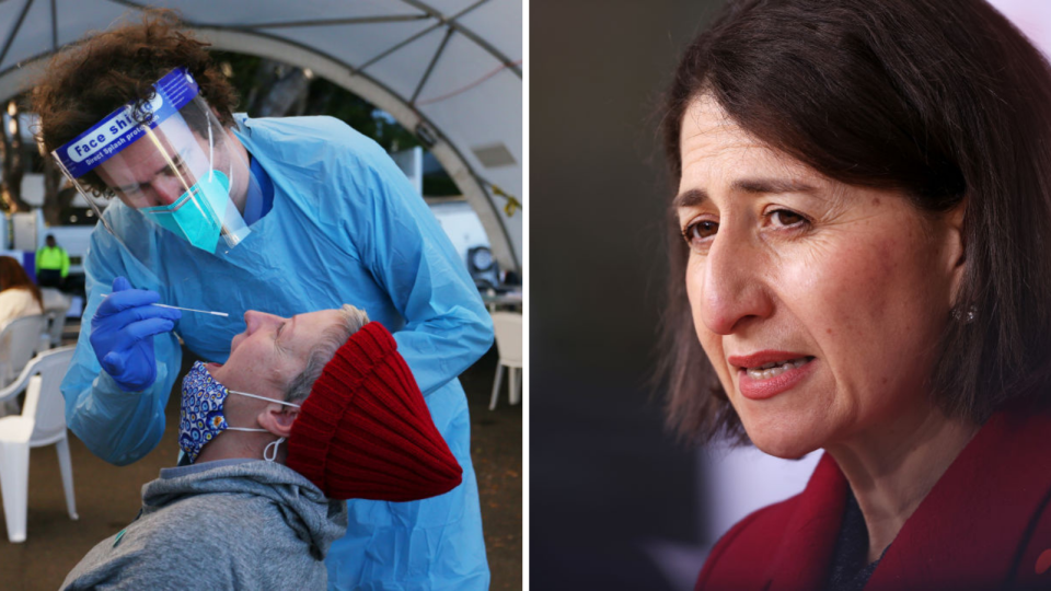 Person receiving COVID-19 test in Sydney, NSW Premier Gladys Berejiklian speaks to the press. 