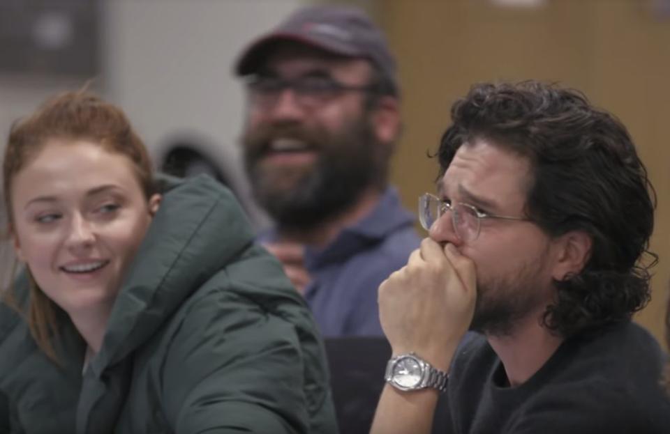 HBO is releasing a documentary about the making of "Game of Thrones" Season 8, and we can't get over this moment between Kit Harington and his onscreen little sister, Sophie Turner.