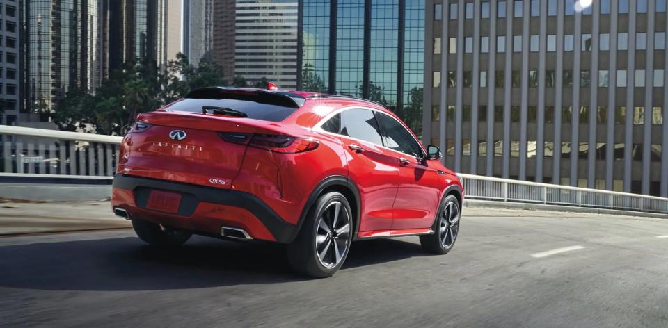 Despite the sloping roof line which cuts into interior space, there's plenty of head and knee room for two in the back of the 2022 Infiniti QX55 Sensory.