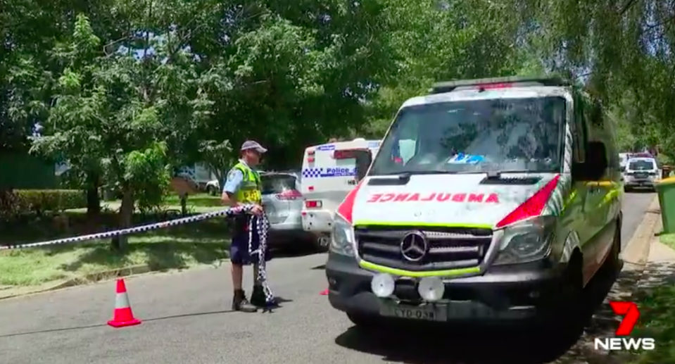 An ambulance departs the crime scene on Monday. Source: 7News