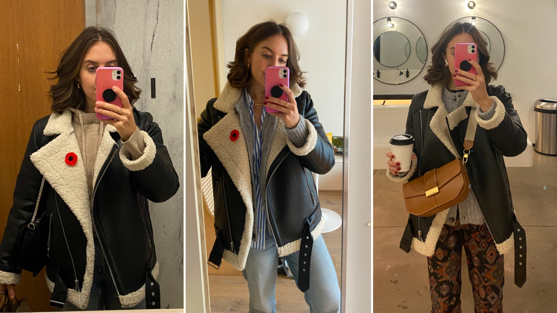 three pictures of brunette woman taking mirror selfies wearing H&M black faux leather aviator jacket with white sherpa trim 