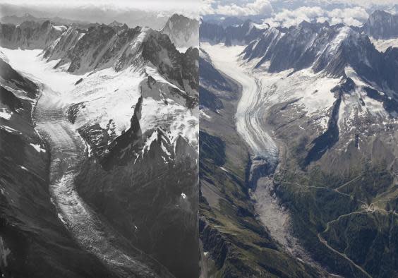 The dramatic ice loss on Mont Blanc in pictures taken last year and a century ago (Walter Mittelholzer, ETH-Bibliothek/Dr Kieran Baxter, University of Dundee)