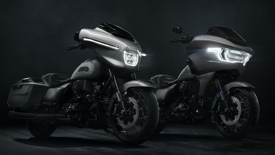 The 2023 Harley-Davidson CVO Street Glide (left) and CVO Road Glide motorcycles.