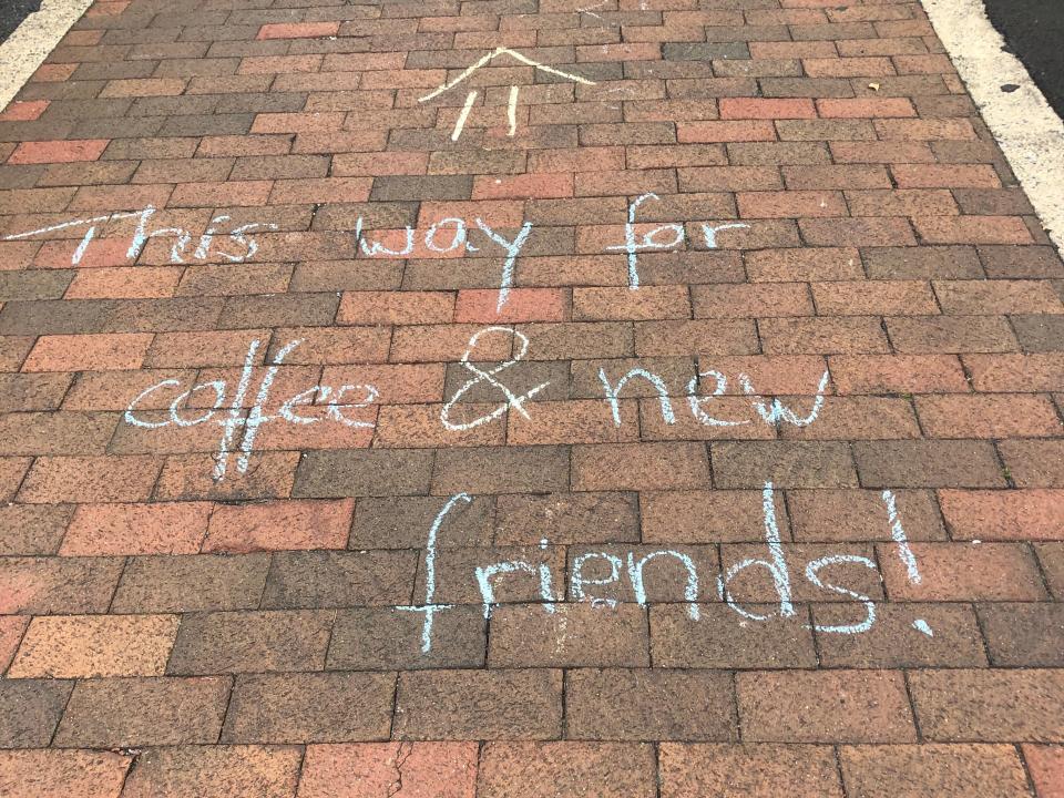 Directions on the sidewalk led people to the April meeting of Creative Mornings at the Staunton-Augusta Art Center.