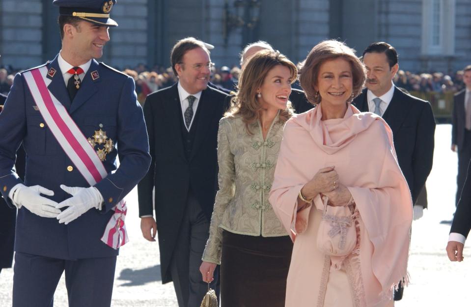 <p>Queen Sofia and Princess Letizia smiled as they were escorted into the military epiphany at the Royal Palace.</p>