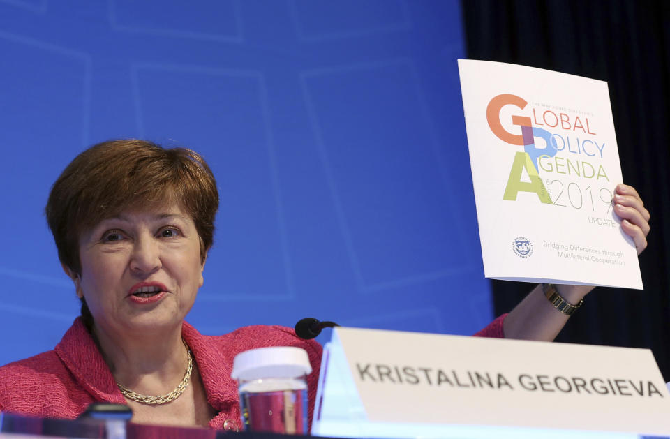 International Monetary Fund (IMF) Managing Director Kristalina Georgieva speaks during a news conference during the World Bank/IMF Annual Meetings in Washington, Thursday, Oct. 17, 2019. (AP Photo/Jose Luis Magana)