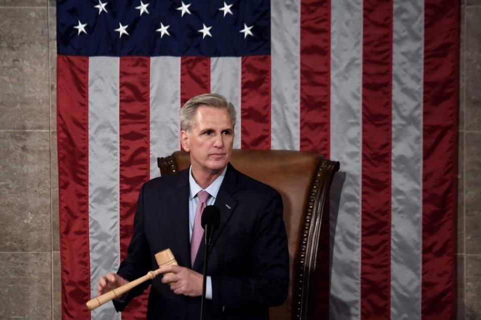 Newly elected House Speaker Kevin McCarthy holds the gavel on Jan. 7, 2023 after he was elected on the 15th ballot after a four-day fight.