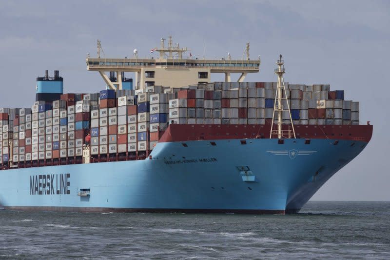 Danish transportation giant Maersk is owner of the supersize container ship Maersk MC-Kinney Moller (pictured 2013) that once was one of the biggest container ships in the world. On Thursday, the company said it is planning to add the Starlink satellite system to more than 300 of its container ships. File Photo by Jerry Lampen/EPA-EFE