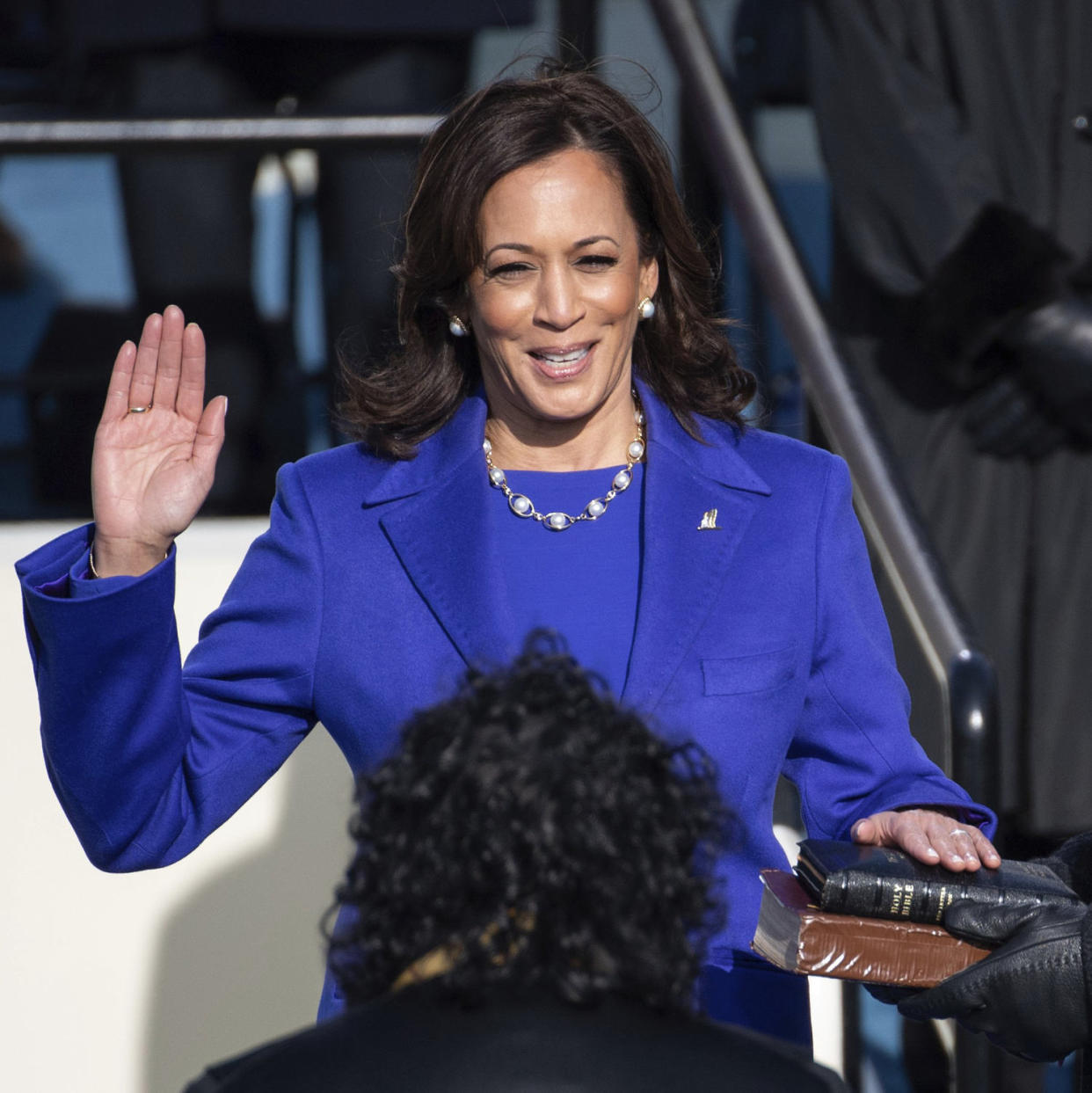 Kamala Harris is sworn in as the 49th US Vice President by Supreme Court Justice Sonia Sotomayor (Saul Loeb / AP)