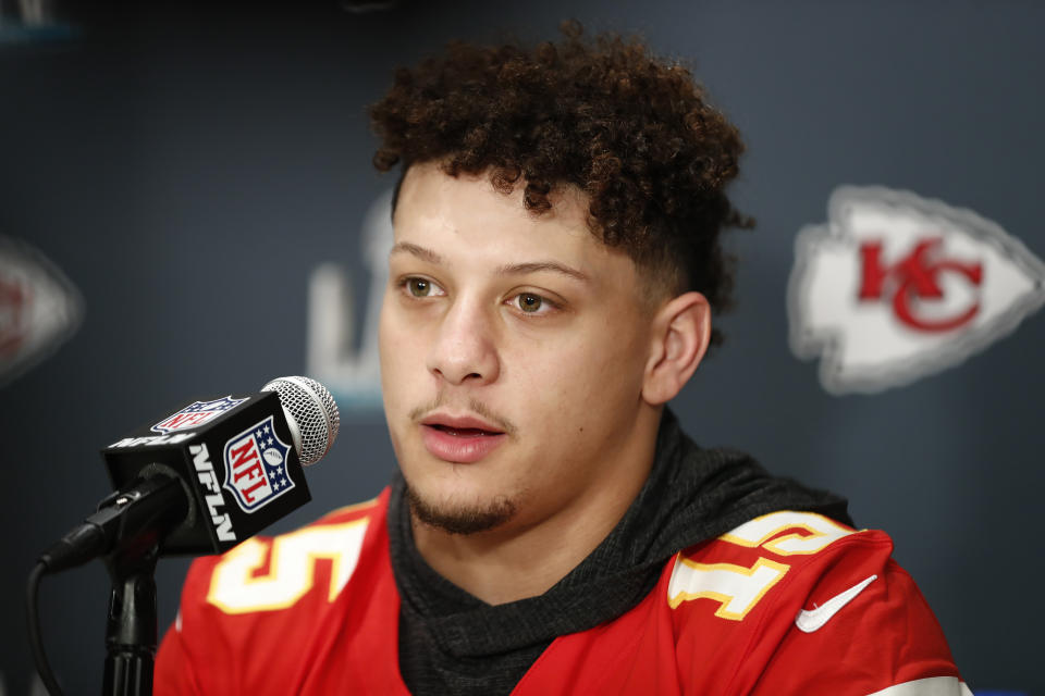 Kansas City Chiefs quarterback Patrick Mahomes (15) speaks during a news conference on Thursday, Jan. 30, 2020, in Aventura, Fla., for the NFL Super Bowl 54 football game. (AP Photo/Brynn Anderson)