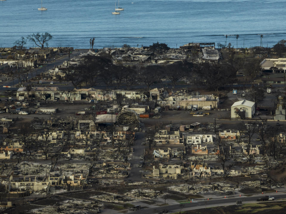 A general view shows the aftermath of a wildfire in Lahaina on the Hawaiian island of Maui, Thursday, Aug. 17, 2023. (AP Photo/Jae C. Hong)