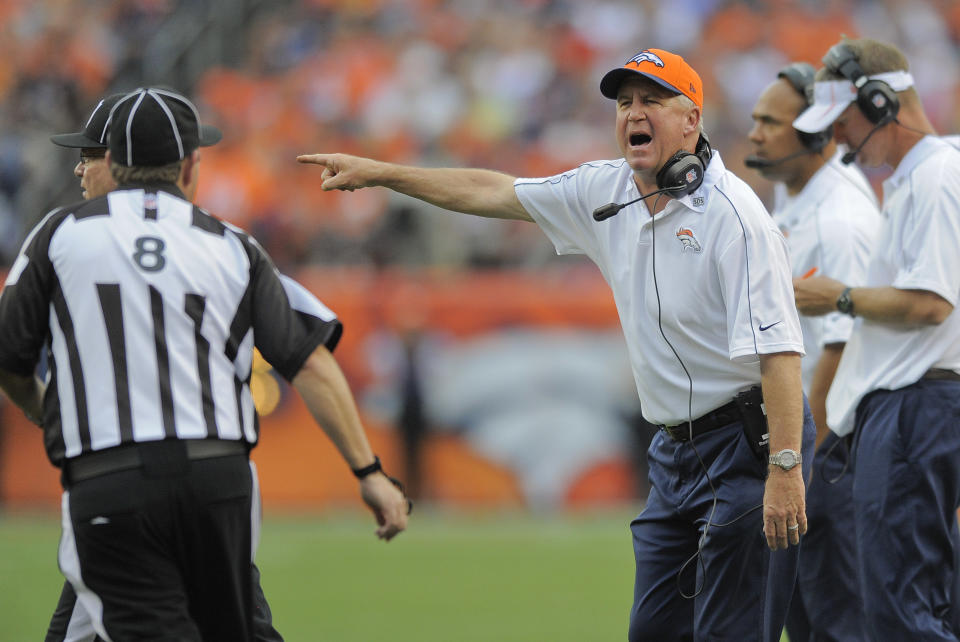 Denver Broncos head coach John Fox, right, shouts to the referee in the fourth quarter of an NFL football game against the Houston Texans, Sunday, Sept. 23, 2012, in Denver. (AP Photo/Jack Dempsey)