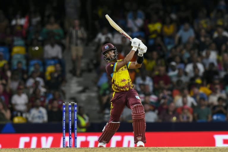 Shai Hope smashes a six en route to 82 from 39 balls in West Indies' nine-wicket drubbing of the USA in the T20 World Cup (Randy Brooks)