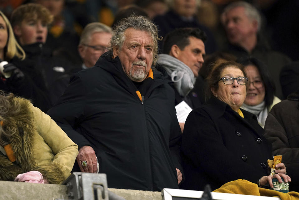 Wolverhampton Wanderers vice president and lead singer of rock band Led Zeppelin, Robert Plant looks on during the English Premier League soccer match between Wolverhampton Wanderers and Burnley at Molineux Stadium, Wolverhampton, England, Tuesday, Dec. 5, 2023. (Mike Egerton/PA via AP)