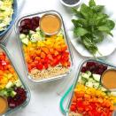 <p>Make good use of crunchy and colorful seasonal produce in these meal-prep-friendly vegetable bowls. With just 30 minutes of prep, you get four healthy lunches that are ready to grab-and-go. We use bulgur, which cooks faster and is higher in fiber than brown rice, but you could swap in quinoa (or any hearty whole grain). Feel free to add chopped cooked chicken, shrimp or tofu for extra protein. <a href="https://www.eatingwell.com/recipe/274218/chopped-rainbow-salad-bowls-with-peanut-sauce/" rel="nofollow noopener" target="_blank" data-ylk="slk:View Recipe;elm:context_link;itc:0;sec:content-canvas" class="link ">View Recipe</a></p>