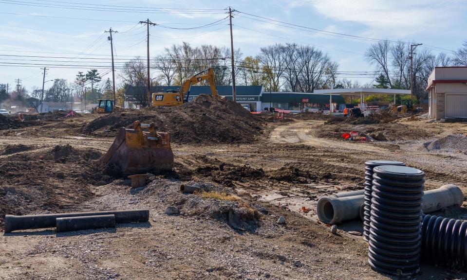 Construction continues on a roundabout Wednesday, Nov. 9, 2022, at the intersection of 106th Street and College Avenue in Carmel, Ind. Carmel has more roundabouts than any other city in the world, with one every 17 intersections.