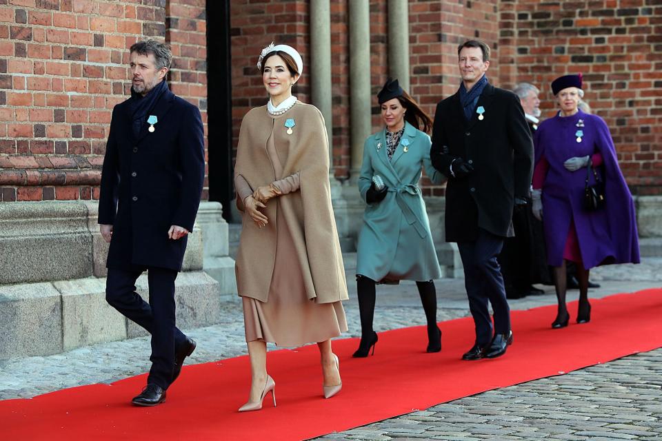 Crown Prince Frederik of Norway, Crown Princess Mary of Norway, Princess Marie of Denmark, Prince Joachim of Denmark and Princess Benedikte of Denmark seen at Roskilde on the occasion of the Queen's 50 year anniversary as Monarch on January 14, 2022 in Roskilde, Denmark. The Queen laid a wreath at King Frederik's and Queen Ingrid's graves at the Cathedral. All other markings of Queen Margrethe's anniversary have been cancelled due to the COVID-19 pandemic.