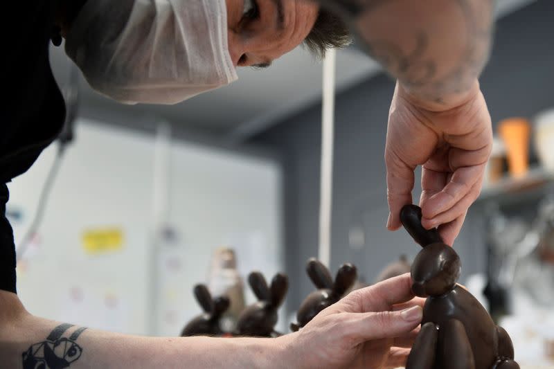 Jerome Grimonpon makes chocolate for Easter during the coronavirus lockdown imposed by the Belgian government