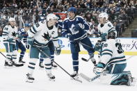 Toronto Maple Leafs' Auston Matthews celebrates after scoring against the San Jose Sharks during the second period of an NHL hockey game Wednesday, Nov. 30, 2022, in Toronto. (Chris Young/The Canadian Press via AP)