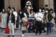 People wearing protective masks to help curb the spread of the coronavirus wait for a traffic light at an intersection Monday, March 1, 2021, in Tokyo. The Japanese capital confirmed more than 120 new coronavirus cases on Monday. (AP Photo/Eugene Hoshiko)