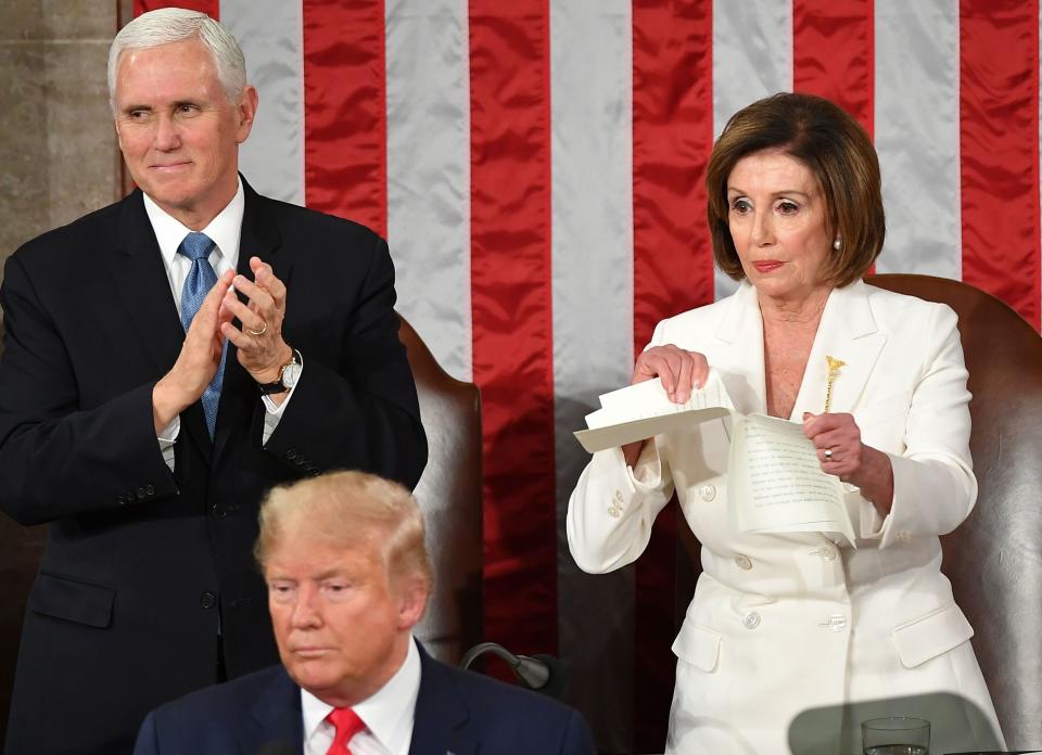 House Speaker Nancy Pelosi ripped a copy of President Donald Trump's speech after he delivers the State of the Union address Tuesday at the Capitol. (Photo: MANDEL NGAN via Getty Images)