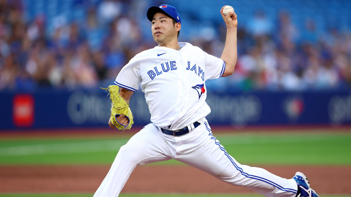 Toronto Blue Jays starting pitcher Yusei Kikuchi reacts as he