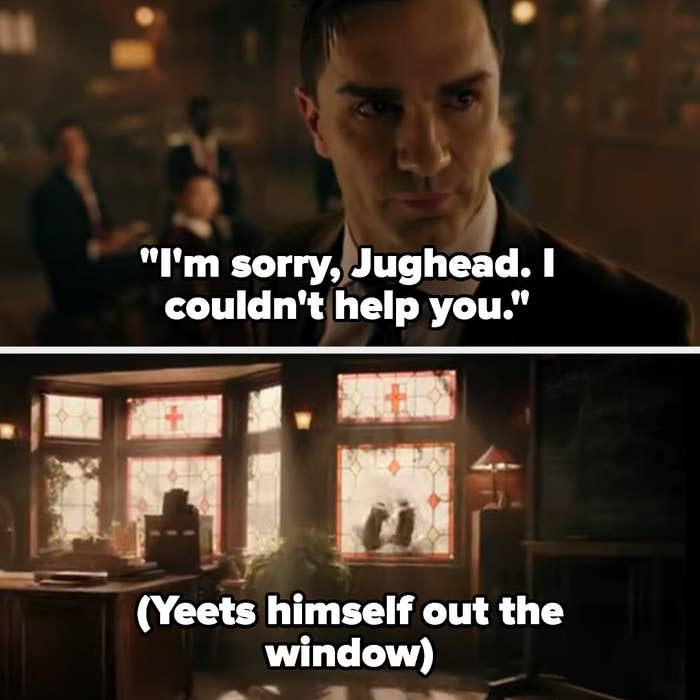 Sam with caption "I'm sorry, Jughead, I couldn't help you" before jumping out the window