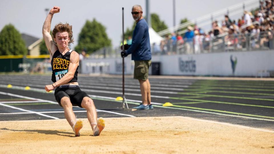 Bishop Kelly’s Cam Davis competes in the 4A boys long jump. Davis took first place with a jump of 23 feet, 3 inches.