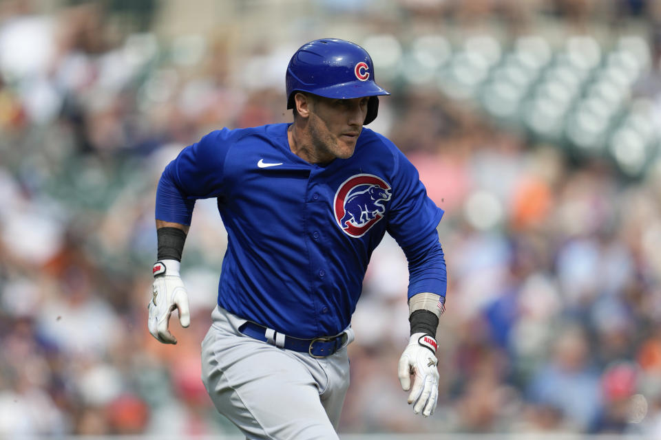 Chicago Cubs' Yan Gomes runs out a one-run single against the Detroit Tigers in the eighth inning of a baseball game, Wednesday, Aug. 23, 2023, in Detroit. Gomes was thrown out at second base. (AP Photo/Paul Sancya)