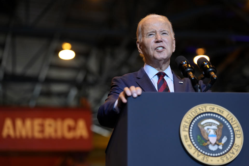 President Joe Biden speaks at a shipyard in Philadelphia, Thursday, July 20, 2023. Biden is visiting the shipyard to push for a strong role for unions in tech and clean energy jobs. (AP Photo/Susan Walsh)