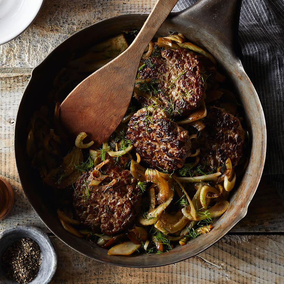 Hand-Chopped Steak Burgers with Caramelized Fennel