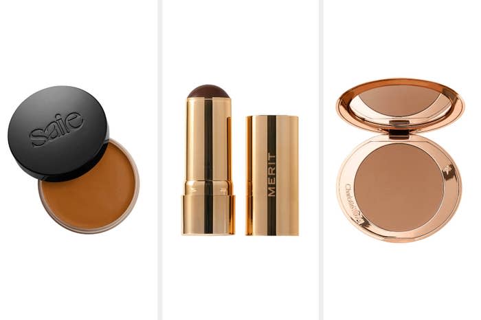 From left: Saie Sun Melt Natural Cream Bronzer, MERIT Bronze Balm Sheer Sculpting Bronzer, Charlotte Tilbury Airbrush Matte Bronzer