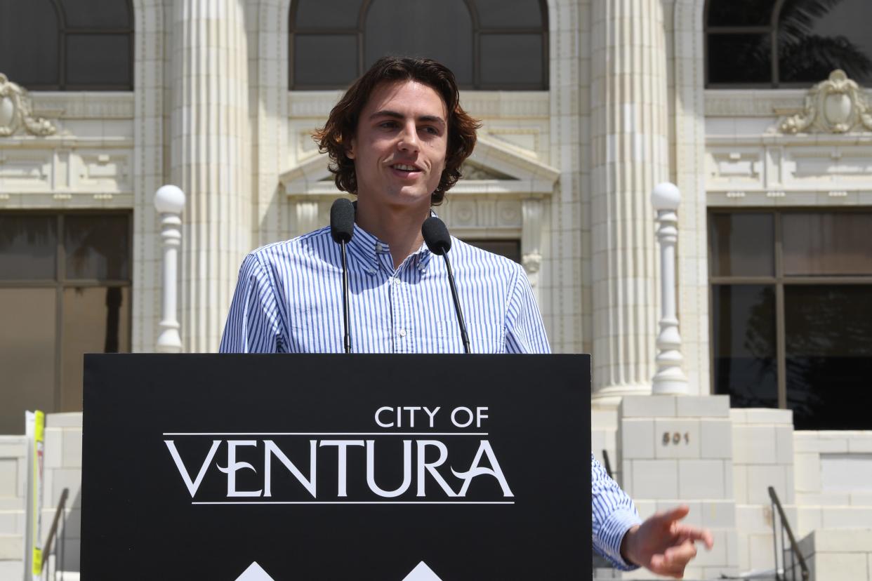 Professional skateboarder Curren Caples of Ventura talks about the X Games finals coming to his hometown in front of Ventura City Hall in May. He will compete in the men's elimination skateboard street event on Friday, July 21, 2023.