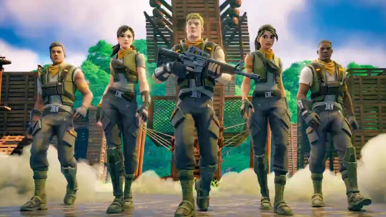  Still from British Army's Fortnite map teaser - five armed Fortnite people walking toward the camera. 