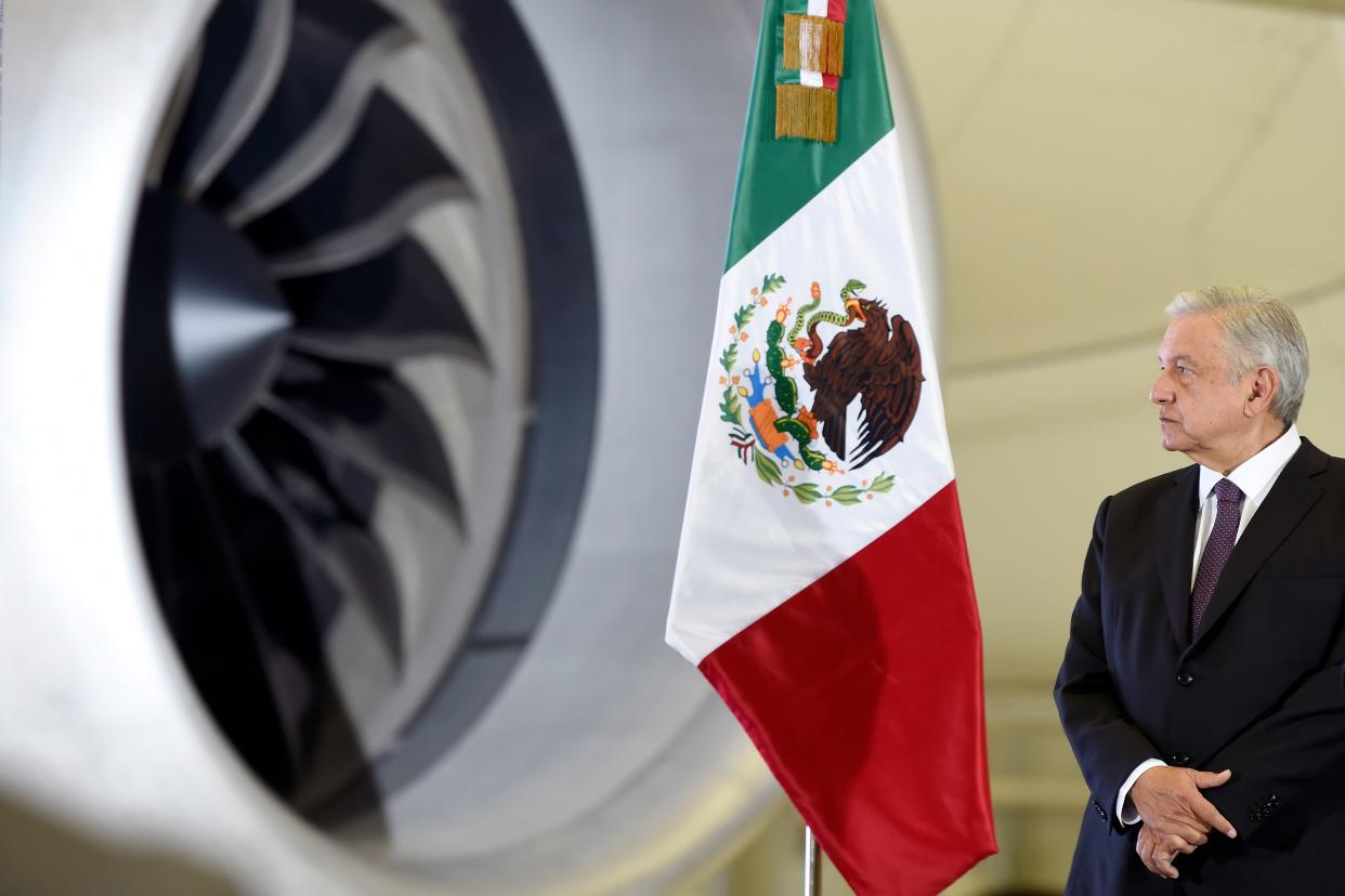 Mexican President Andres Manuel Lopez Obrador attends a press conference, with the presidential plane in the background, at the presidential hangar of the Benito Juarez International Airport in Mexico City, on July 27, 2020. (Photo by ALFREDO ESTRELLA / AFP) (Photo by ALFREDO ESTRELLA/AFP via Getty Images)