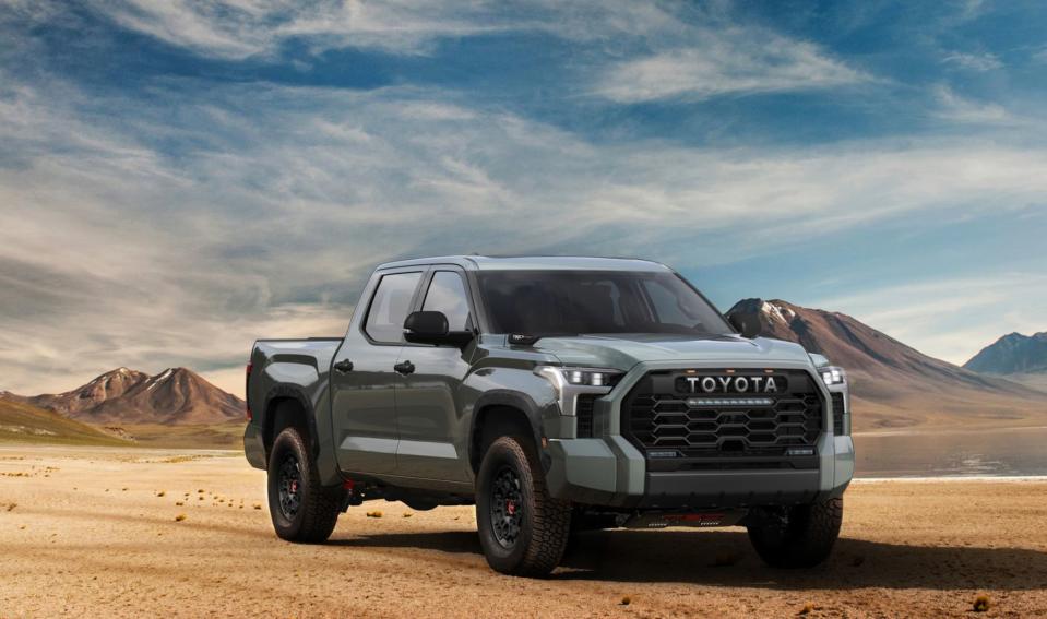 <p>The TRD Pro is the top-of-the-line Tundra, and it'll compete against other off-road-focused half-tons such as the F-150 Tremor and Chevy Silverado Trail Boss. It has a TRD Pro–specific grille with "Toyota" script across the top and an integrated LED light bar beneath it. It's equipped with Fox dampers with internal-bypass chambers and remote reservoirs and sits on a set of TRD Pro wheels wrapped in 33-inch Falken Wildpeak all-terrain tires. Toyota's Multi Terrain Select drive modes come standard as well as Crawl Control, which acts like a low-speed off-road cruise control. </p>