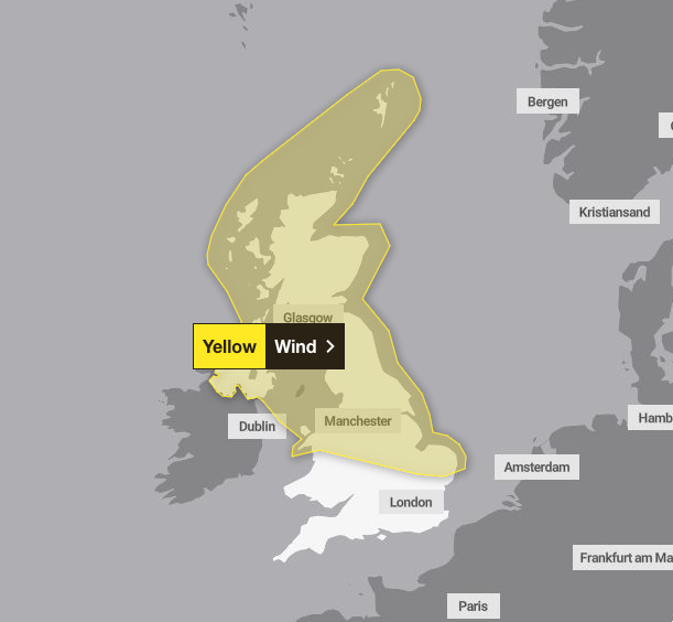 The yellow wind warning was in place across large areas of the UK (Meteorological Office)