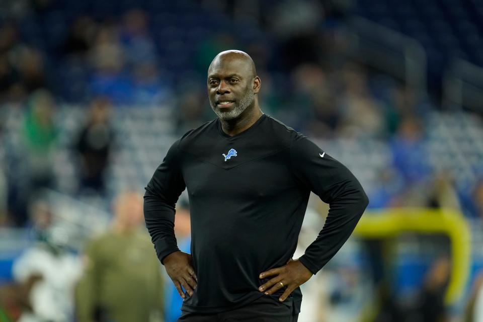 Detroit Lions offensive coordinator Anthony Lynn is seen during pregame against the Philadelphia Eagles, Sunday, Oct. 31, 2021, in Detroit.