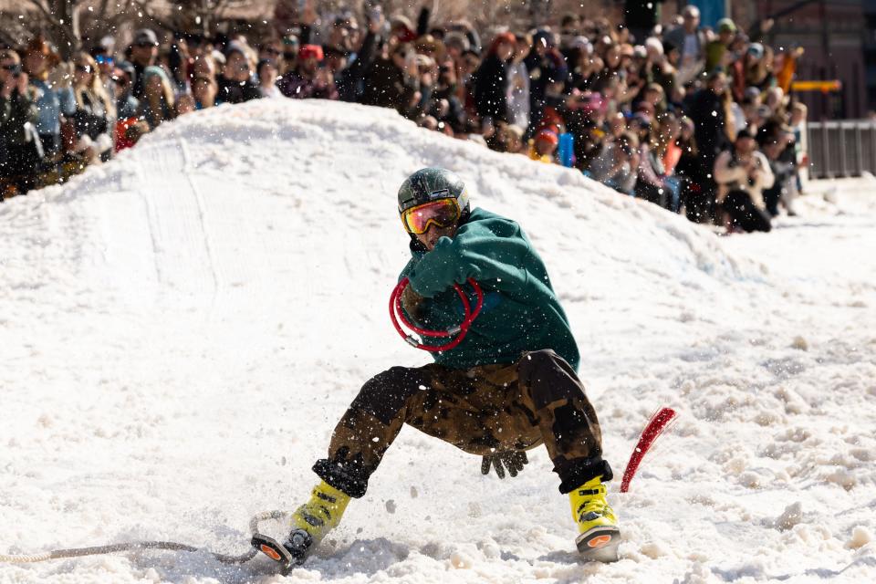 Brandon Budge skis in a skijoring event as part of the Salt Lake Winter Roundup on West Temple in downtown Salt Lake City on Saturday, Feb. 10, 2024. | Megan Nielsen, Deseret News